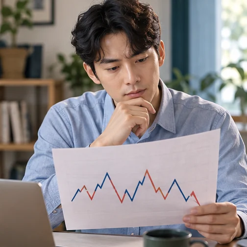 등락이 반복되는 설명용 그래프를 읽는 장면 (AI 설명용 삽화)