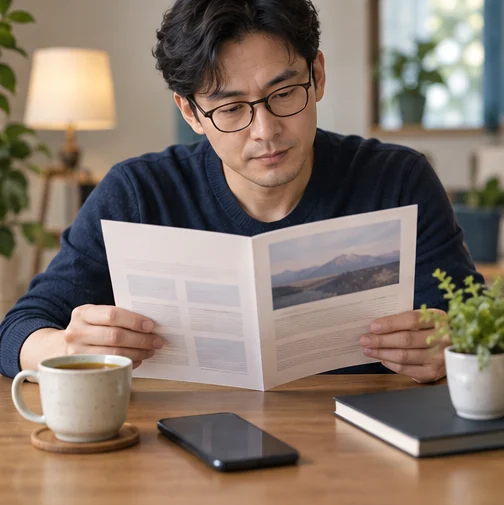 휴대전화를 내려놓고 설명서를 읽는 장면 (AI 설명용 삽화)