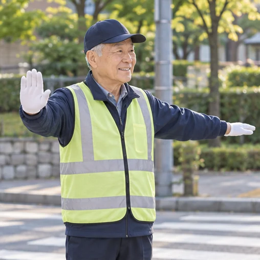 보행자의 안전을 돕는 시니어 활동 예시 (AI 설명용 삽화)