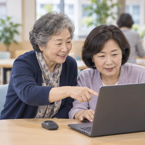 다른 이용자의 컴퓨터 사용을 돕는 시니어 활동 예시 (AI 설명용 삽화)