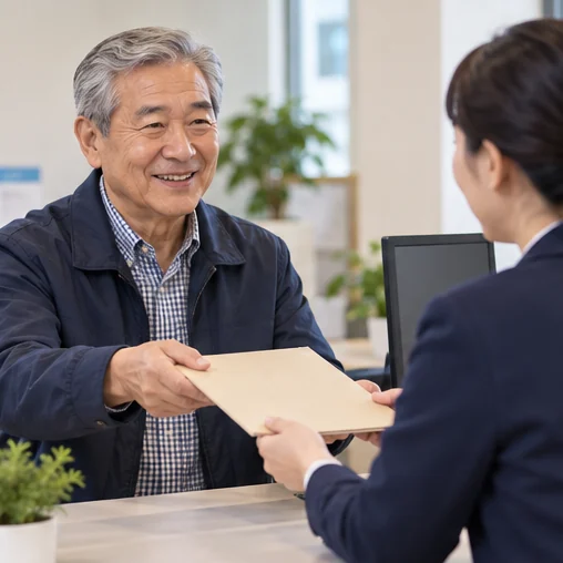 접수 담당자에게 서류를 전달하는 모습 (AI 설명용 삽화)