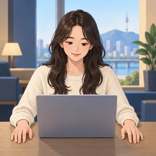 노트북으로 출발 정류장의 시간표를 확인하는 여행자 (AI 설명용 삽화)