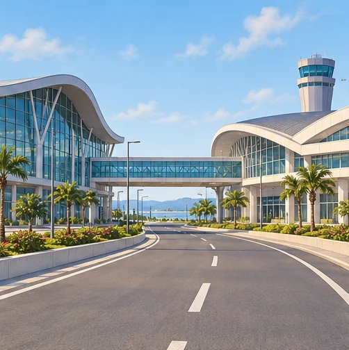 터미널 구분을 먼저 확인하는 공항 건물 예시 (AI 설명용 삽화)