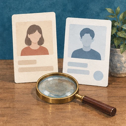 비슷한 이름의 계정을 비교하는 두 프로필 카드 (AI 설명용 삽화)