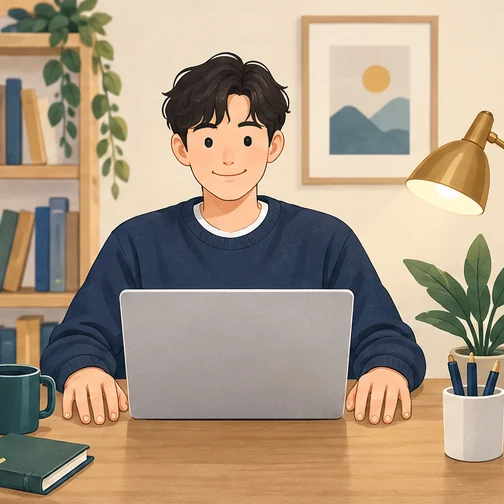 두 손을 책상에 두고 노트북을 보는 학습자 (AI 설명용 삽화)