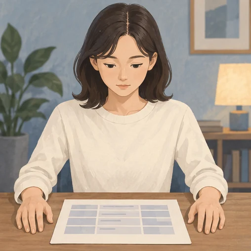 두 손을 책상에 놓고 계좌 항목을 확인하는 가상의 독자 (AI 설명용 삽화)