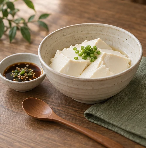 순두부와 작은 양념 그릇 (AI 설명용 삽화)