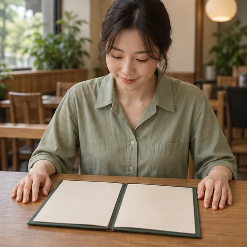 두 손을 식탁에 놓고 빈 메뉴판을 살펴보는 가상의 방문객 (AI 설명용 삽화)