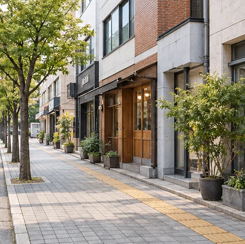 매장 위치 확인을 설명하는 가상의 거리 풍경 (AI 설명용 삽화)