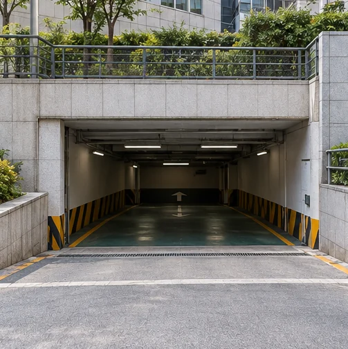 건물 지하 주차장 진입로의 설명용 풍경 (AI 설명용 삽화)