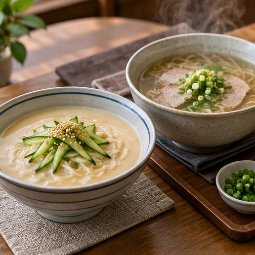콩국수와 따뜻한 국물 요리를 함께 놓은 설명용 식탁 (AI 설명용 삽화)