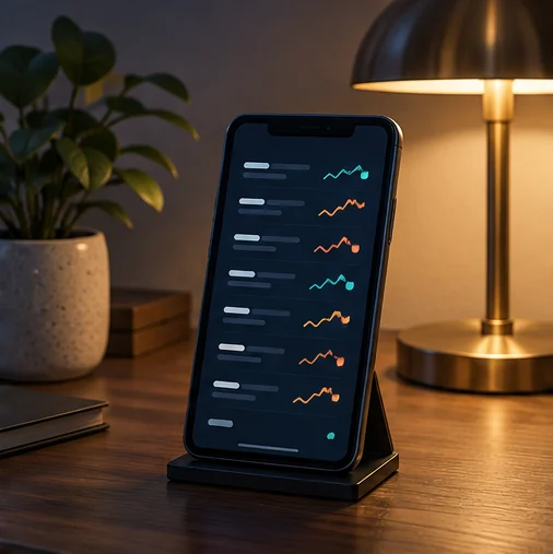 스탠드에 놓인 스마트폰의 추상 시세 목록 (AI 설명용 삽화)