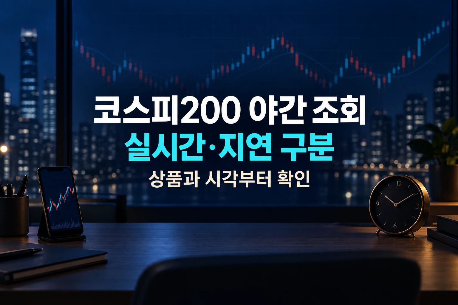 코스피200 야간 조회에서 실시간과 지연 표시를 구분하라는 한글 대표 이미지 (AI 설명용 썸네일)