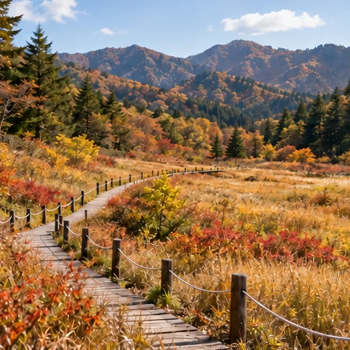 사람 없는 가을 산지 초원의 목재 탐방길 (AI 설명용 삽화)