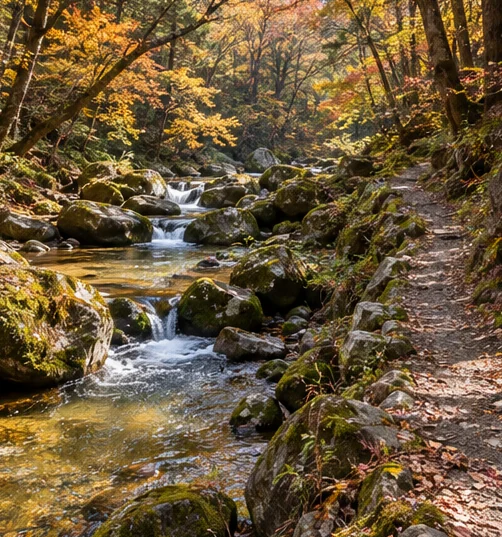계곡 물줄기 옆의 사람 없는 숲길 (AI 설명용 삽화)