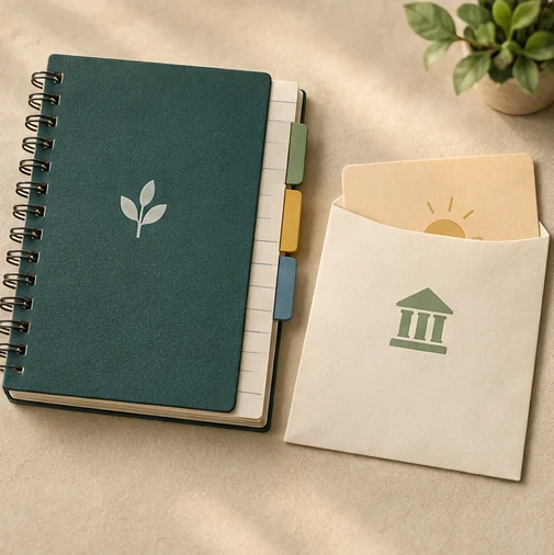 입금 기록 확인을 상징하는 근무 노트와 은행 그림 봉투 (AI 설명용 삽화)