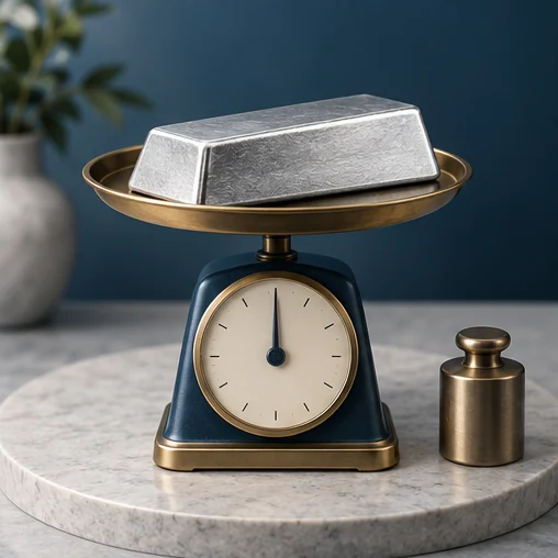 은 막대와 저울로 국내 은시세 조회를 표현한 정물 (AI 설명용 삽화)