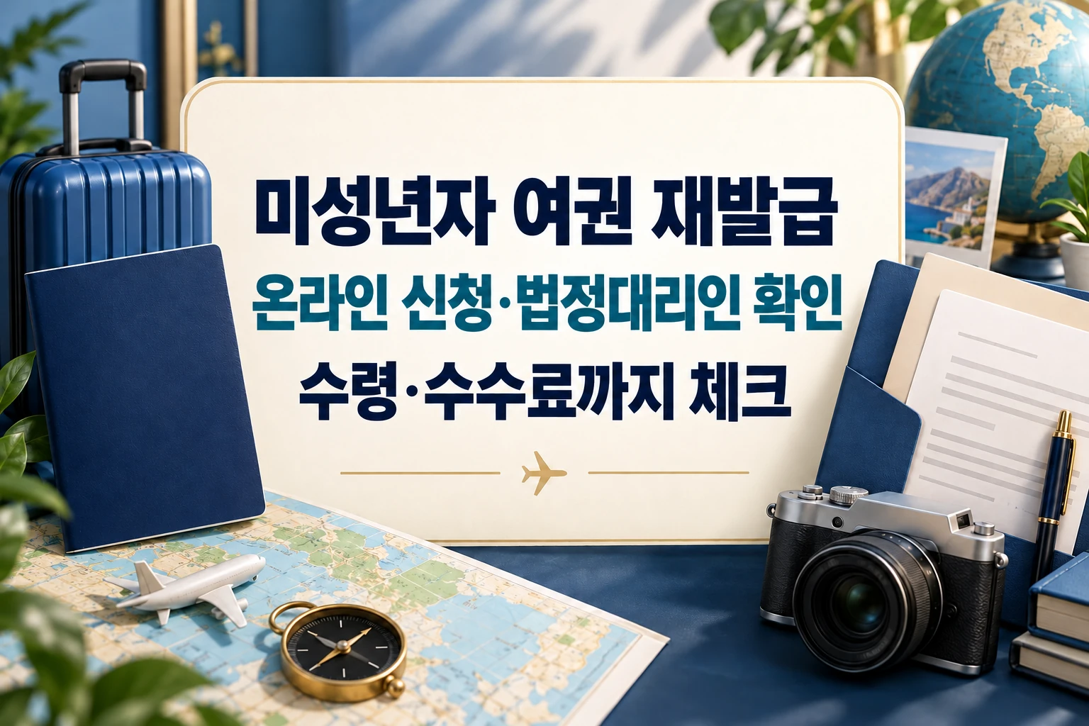 미성년자 여권 온라인 재발급의 법정대리인 확인과 수령·수수료를 안내하는 한글 대표 이미지 (AI 설명용 썸네일)