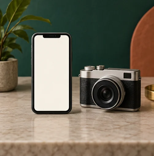 방송 소식 연결을 표현한 빈 화면과 작은 카메라 (AI 설명용 삽화)