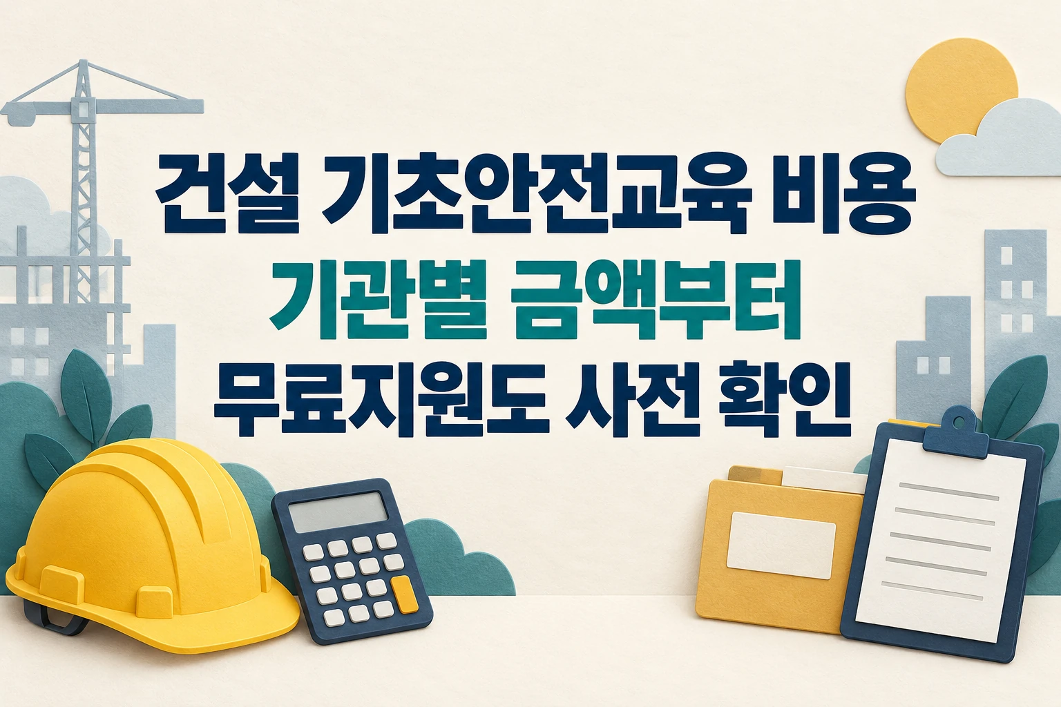 건설 기초안전교육 비용의 기관별 금액과 무료지원 사전 확인을 안내하는 한글 대표 이미지 (AI 설명용 썸네일)