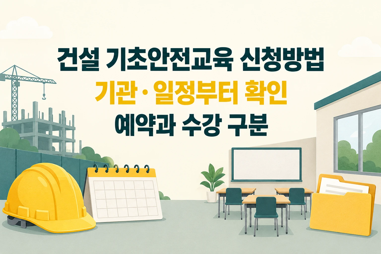 건설 기초안전교육 신청방법에서 기관·일정 확인과 예약·수강 구분을 안내하는 한글 대표 이미지 (AI 설명용 썸네일)