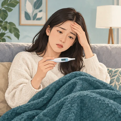 발열 여부와 함께 증상이 시작된 시점을 살펴보세요. (AI 설명용 삽화)