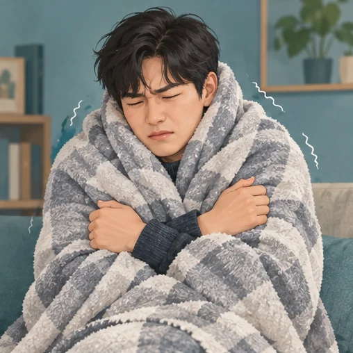 오한은 독감에서 나타날 수 있는 증상 중 하나입니다. (AI 설명용 삽화)