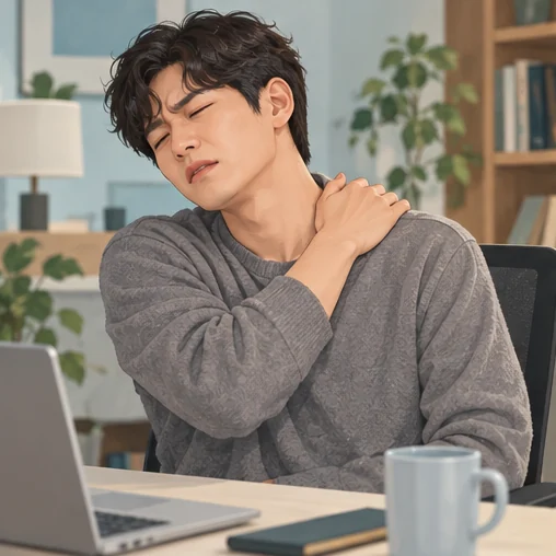 몸살과 근육통의 정도를 의료진에게 설명하세요. (AI 설명용 삽화)