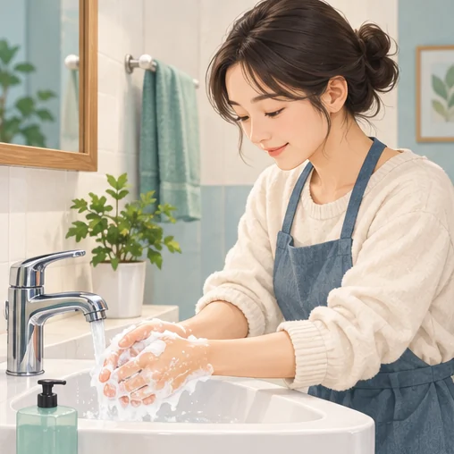 비누와 물로 손을 씻는 예방 수칙입니다. (AI 설명용 삽화)