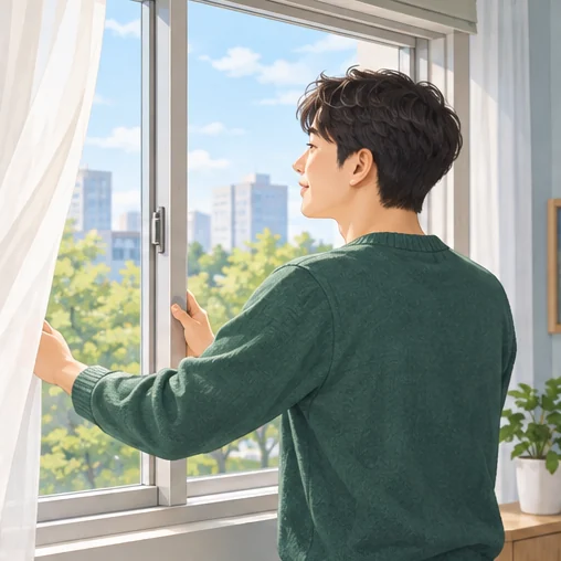 실내에 바깥 공기를 들여 환기하는 장면입니다. (AI 설명용 삽화)