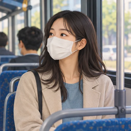붐비는 실내에서는 마스크 착용을 고려하세요. (AI 설명용 삽화)