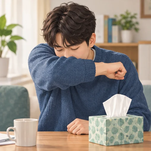 기침 예절은 주변 사람을 보호하는 데 도움이 됩니다. (AI 설명용 삽화)