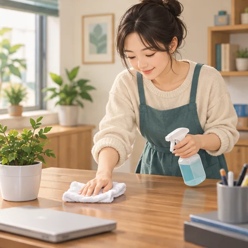 자주 만지는 표면을 관리하는 생활 위생 예시입니다. (AI 설명용 삽화)