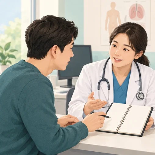 증상 시작 시점과 복용 중인 약을 진료 때 알려 주세요. (AI 설명용 삽화)