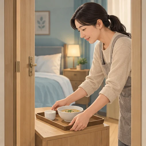 식사와 돌봄을 지원하되 불필요한 접촉은 줄입니다. (AI 설명용 삽화)