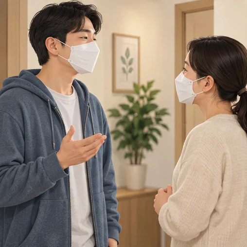 아픈 동안 가족과 가까이 대화할 때도 예방 수칙을 지킵니다. (AI 설명용 삽화)