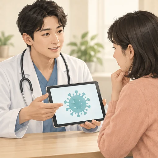 의료진과 바이러스 관련 설명을 확인하는 상담 장면 (AI 설명용 삽화)
