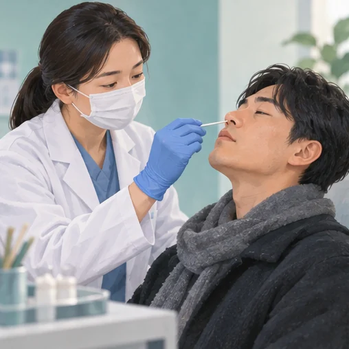 의료진이 호흡기 검체를 채취하는 검사 장면 (AI 설명용 삽화)