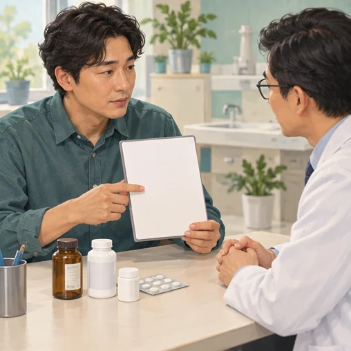 기존에 사용하는 약과 기록을 보여 주는 환자 (AI 설명용 삽화)