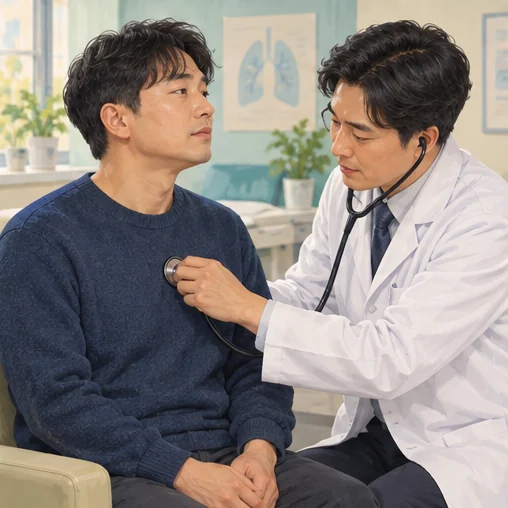 청진기로 호흡 상태를 확인하는 진료 장면 (AI 설명용 삽화)