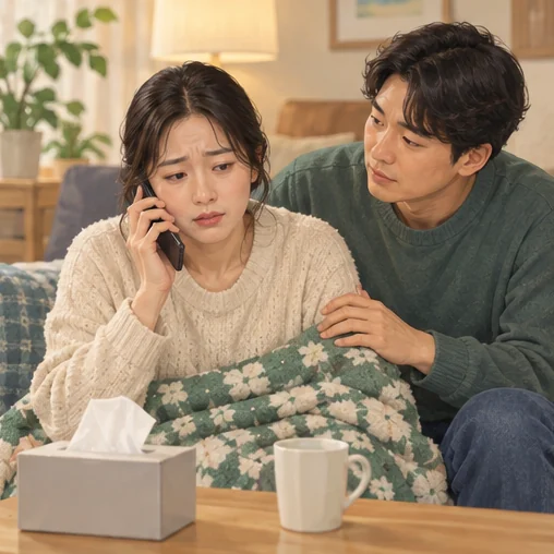 집에서 의료기관에 연락하는 환자와 가족 (AI 설명용 삽화)