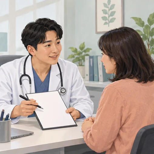 개별 치료 계획을 의료진과 확인하는 상담 (AI 설명용 삽화)