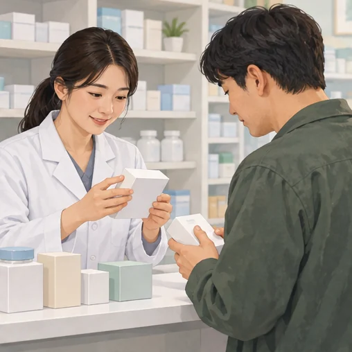 의약품 사용 안내를 약사와 확인하는 모습 (AI 설명용 삽화)