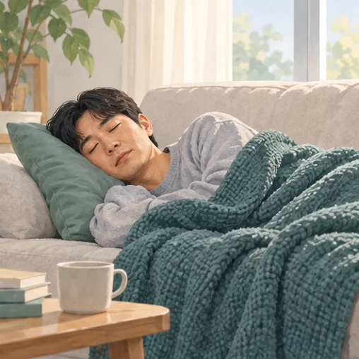 집에서 잠과 휴식을 취하는 회복 장면 (AI 설명용 삽화)