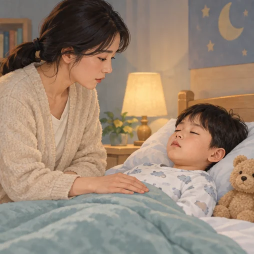 아픈 어린이의 상태를 가까이서 살피는 보호자 (AI 설명용 삽화)