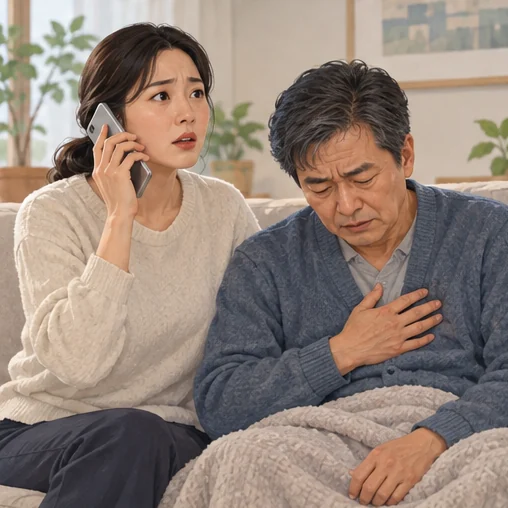심한 불편이 있는 가족을 위해 의료 도움을 요청하는 장면 (AI 설명용 삽화)
