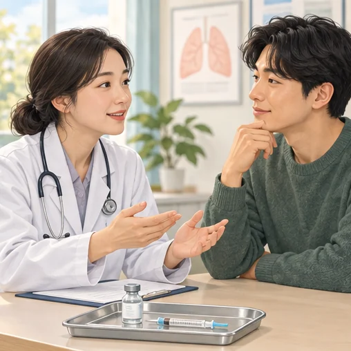 계절성 독감 예방접종에 관해 의료진과 상담하는 모습 (AI 설명용 삽화)