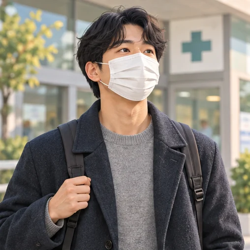 진료를 위해 마스크를 착용하고 이동하는 성인 (AI 설명용 삽화)