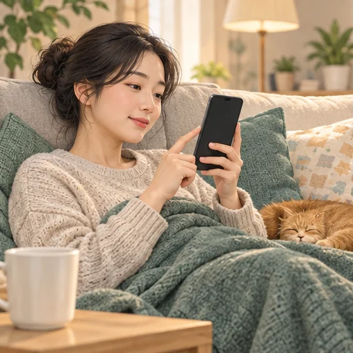 집에서 쉬며 외출 일정을 조정하는 모습 (AI 설명용 삽화)