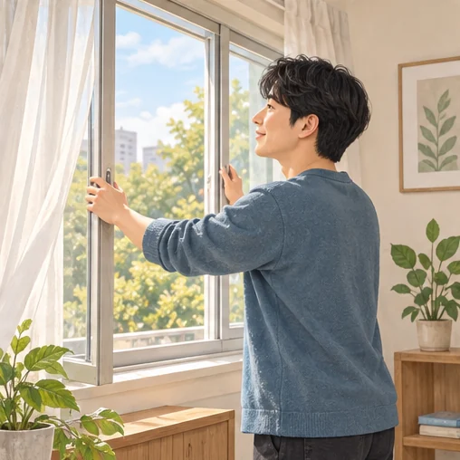 실내 공기 관리를 위해 창문을 여는 모습 (AI 설명용 삽화)